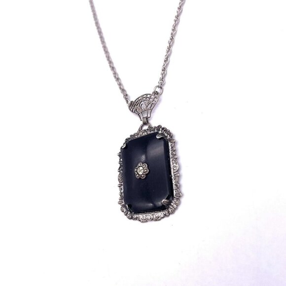 Art Deco 925 Sterling Silver Gemstone Filigree Pendant Chain Necklace 28  in - Picture 3 of 5